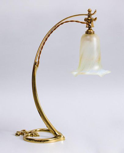 W. A. S. BENSON BRASS DESK LAMP FITTED WITH FROSTED GLASS FLORI-FORM SHADE