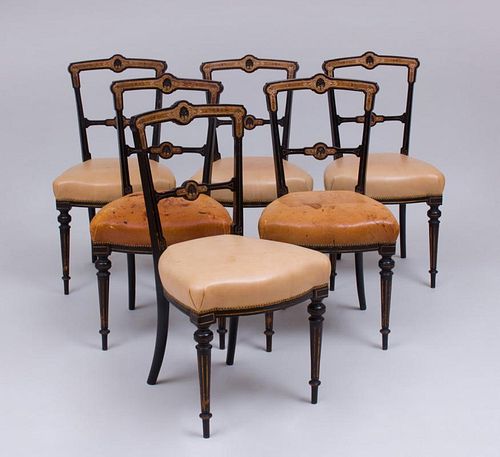 SET OF SIX ENGLISH AESTHETIC MOVEMENT MOTHER-OF-PEARL INLAID BURL WALNUT AND EBONIZED SIDE CHAIRS