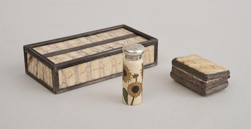 ENGLISH AESTHETIC MOVEMENT CERAMIC SCENT BOTTLE WITH SILVER TWIST-OFF CAP AND TWO INDIAN SILVER-PLATE-MOUNTED MINERAL BOXES