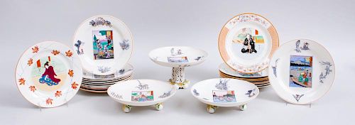 SET OF TWELVE WEDGWOOD PORCELAIN JAPONAISE TRANSFER PRINTED PLATES AFTER HIROSHIGE, TWO MATCHING TRIPOD CAKE PLATES AND A STE