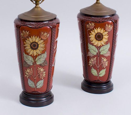 PAIR OF ENGLISH AESTHETIC MOVEMENT TRANSFER-PRINTED POTTERY VASES, MOUNTED AS LAMPS