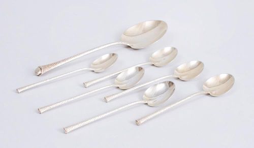 SET OF SIX GORHAM AESTHETIC MOVEMENT 'PALM TREE' PARFAIT SPOONS AND MATCHING SERVING SPOON