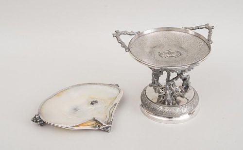 AMERICAN SILVER-MOUNTED SHELL DISH AND AN AMERICAN AESTHETIC MOVEMENT SILVER-PLATED CENTERPIECE ON TWISTED CORAL-FORM STEM