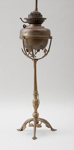 AESTHETIC MOVEMENT BRASS TRIPOD LAMP, IN THE MANNER OF W.A.S. BENSON