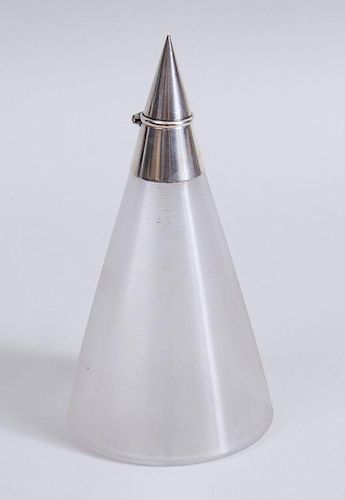 ENGLISH SILVER-LIDDED GLASS CONICAL-FORM DECANTER, AFTER A DESIGN BY CHRISTOPHER DRESSER