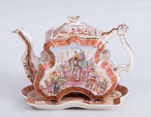ENGLISH TRANSFER-PRINTED POTTERY TEAPOT AND COVER AND A STAND, WITH INDIAN VIEWS