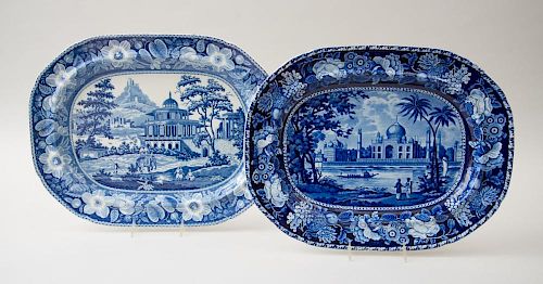 I. HALL & SONS BLUE TRANSFER-PRINTED POTTERY PLATTER AND A STAFFORDSHIRE BLUE TRANSFER-PRINTED POTTERY PLATTER