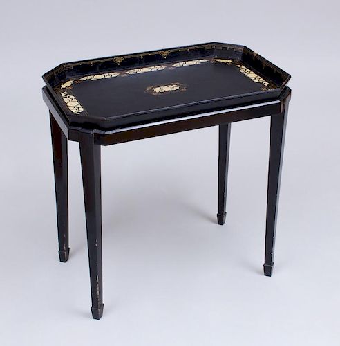 ENGLISH AESTHETIC MOVEMENT PAINTED AND PARCEL-GILT PAPIER MACHÉ TRAY ON LATER STAND