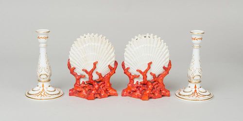 PAIR OF STAFFORDSHIRE GLAZED PORCELAIN SHELL AND CORAL FORM BOUGH POTS AND A PAIR OF SIMILARLY DECORATED PAIR OF ENGLISH CAND