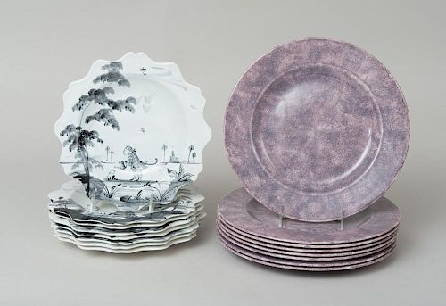 EIGHT ISIS CERAMIC SHAPED PLATES AND EIGHT PURPLE LUSTER CHARGERS