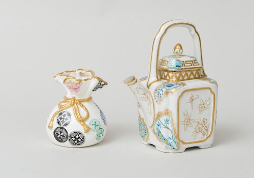 ROYAL WORCESTER JAPONISM TEAPOT AND COVER, AND A MODEL OF A MONEY SACK