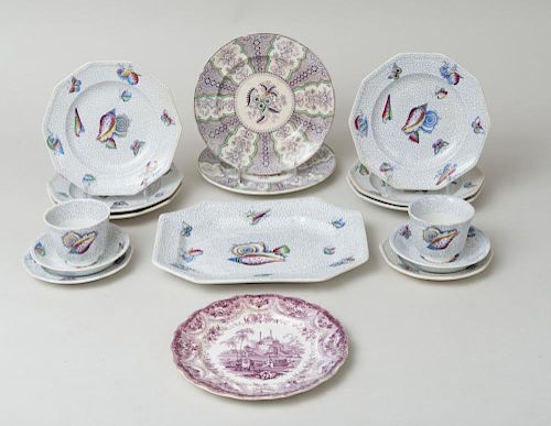 ENGLISH IRONSTONE TRANSFER PRINTED PART DESSERT SERVICE DECORATED WITH SHELLS AND VERMICULE