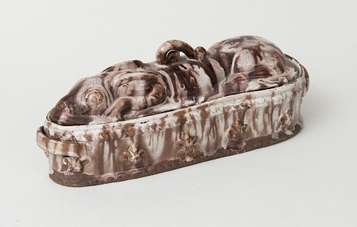 CONTINENTAL MOTTLE GLAZED RABBIT FORM TUREEN AND COVER