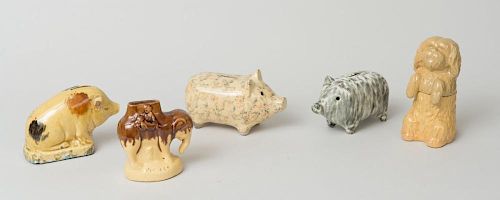 FOUR GLAZED POTTERY ANIMAL FORM BANKS AND A DOG FORM BOX AND COVER