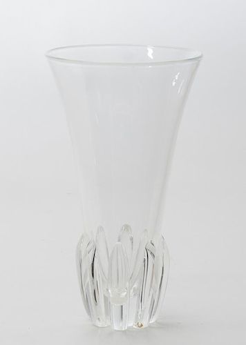 LARGE STEUBEN CLEAR CONICAL GLASS VASE WITH APPLIED DECORATION
