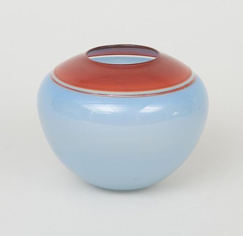 BLUE AND RED BANDED OVOID GLASS VASE