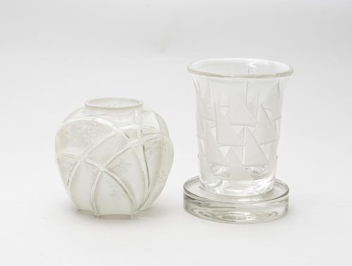 TWO CLEAR AND FROSTED GLASS VASES, PROBABLY FRENCH