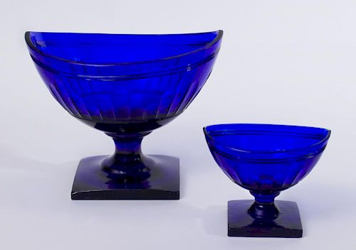 LARGE COBALT GLASS FOOTED CENTER BOWL AND A SMALLER CENTER BOWL
