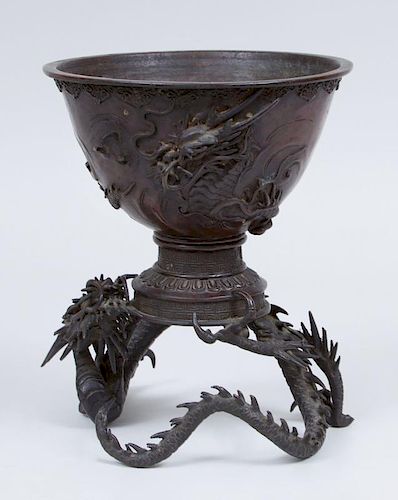 CHINESE BRONZE BOWL WITH DRAGON-FORM SUPPORT