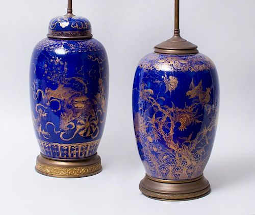 CHINESE GLAZED PORCELAIN GINGER JAR AND COVER, MOUNTED AS A LAMP, AND A SIMILAR VASE LAMP