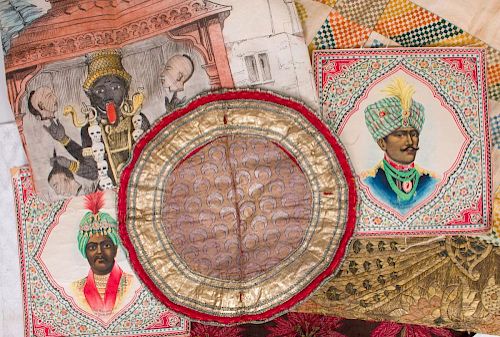 BANNER DEPICTING WORSHIP OF KALI, AND A PAIR OF LARGE CIGARETTE CARDS DEPICTING MAHARAJAS ON SILK