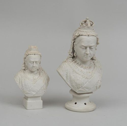 ROBINSON & LEADBEATER PARIAN BUST OF QUEEN VICTORIA AND A SMALLER EXAMPLE