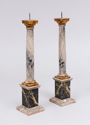 PAIR OF FAUX MARBLE PAINTED WOOD PRICKET STICK