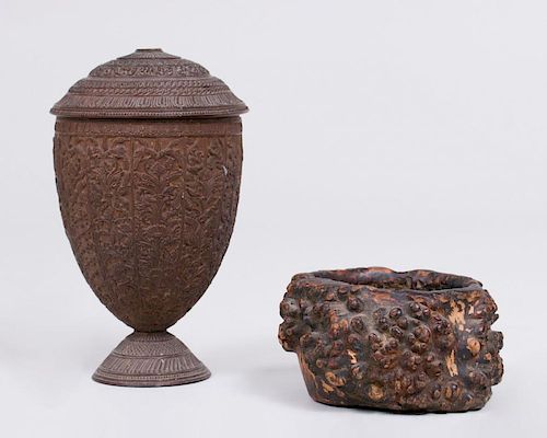 CARVED INDIAN COCONUT CUP AND COVER, AND A BURL WOOD VESSEL