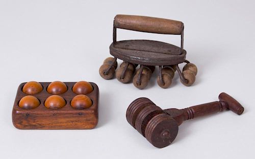 TWO MAHOGANY MASSAGE IMPLEMENTS AND SIMILAR IMPLEMENT