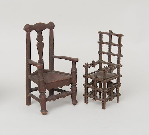 TWO MINIATURE WOOD MODELS OF WOOD CHAIRS