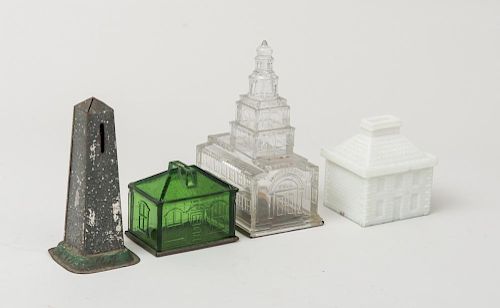 FOUR COIN BANKS MODELED AS BUILDINGS