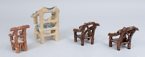 FOUR VARIOUS RUSTIC GLAZE POTTERY MODELS OF ARMCHAIRS