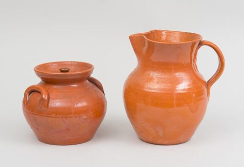 JUGTOWN ORANGE GLAZED JAR AND COVER AND PITCHER