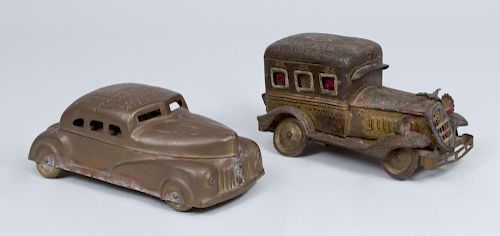 TWO INDIAN BRASS CAR-FORM SPICE BOXES
