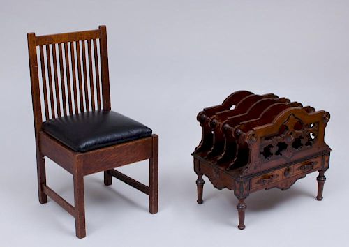 VICTORIAN MAHOGANY CANTERBURY AND AN ARTS AND CRAFTS OAK SIDE CHAIR