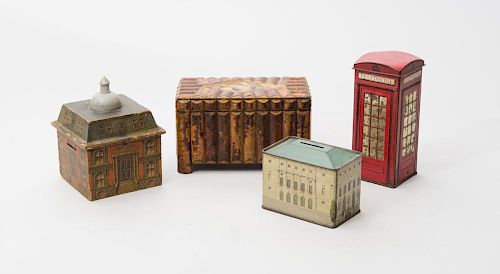 TWO ARCHITECTURAL COIN BANKS AND TWO TIN BOXES
