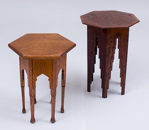 ENGLISH PSEUDO-MOROCCAN SIDE TABLE AND A SIMILAR OAK TABLE