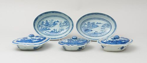 THREE CANTON BLUE AND WHITE VEGETABLE DISHES AND A PAIR OF SIMILAR OVAL BOWLS