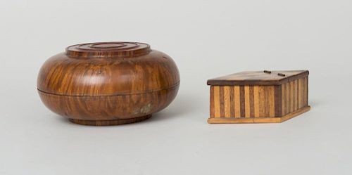 CIRCULAR BURLWOOD BOX AND COVER, AND A DIAMOND SHAPED PARQUETRY BOX WITH HINGED COVER