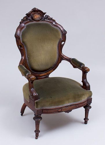 VICTORIAN WALNUT AND MARQUETRY ARMCHAIR, AMERICAN