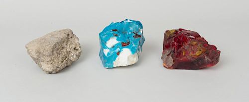 TWO SLAG GLASS MODELS OF MINERAL SPECIMENS AND A STONE