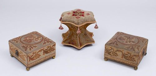 PAIR OF SQUARE NEEDLEWORK STOOLS AND A SINGLE VICTORIAN CARPET-UPHOLSTERED STOOL