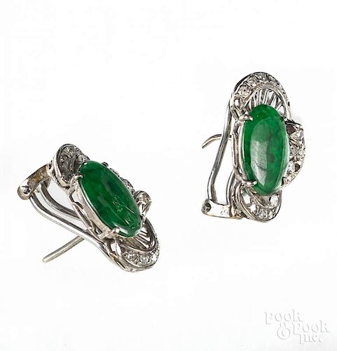 Pair of 18K white gold, diamond, and jade earrings