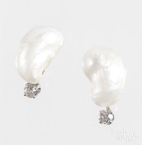 Pair of gold, pearl, and diamond earrings