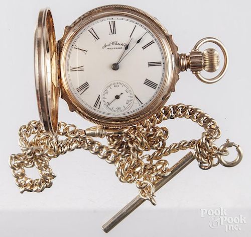 Waltham 14K gold pocket watch, with chain