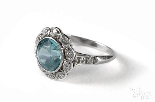 Platinum, diamond and blue zircon ring