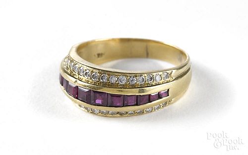 18K yellow gold, diamond and ruby men's ring