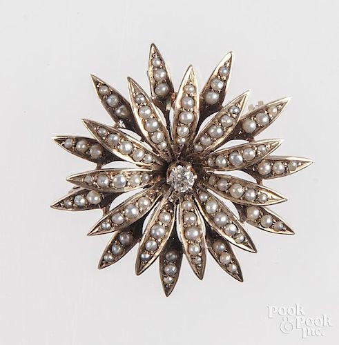 14K gold, diamond, and seed pearl brooch