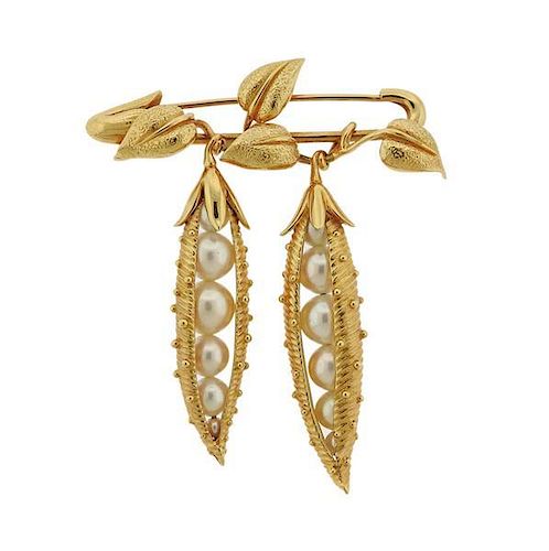 French 18k Gold Pearl Pea Pod Brooch