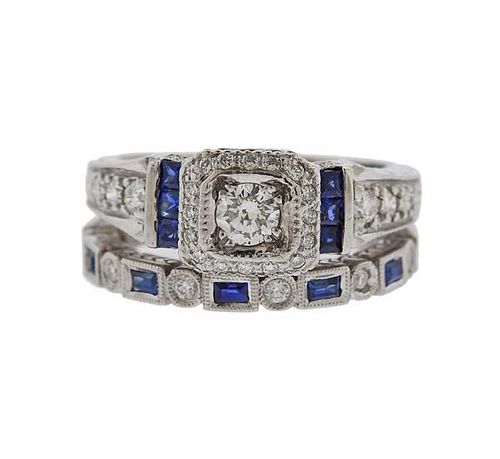 Gold Diamond Sapphire Engagement Wedding Ring Set